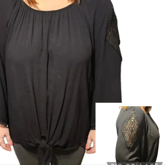 Ruby Rd. Woman Black Top with Lace insert Sleeves - Picture 1 of 12